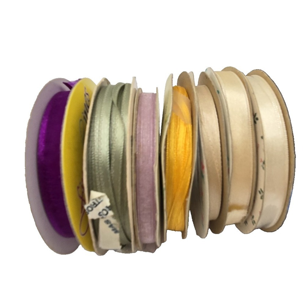 LOT OF 7 Vtg ribbons 1/4" 1/8" 3/8" Purple Sage Green Off White Yellow Pastel